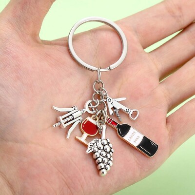 1 vnt. Madingas raudonojo vyno raktų pakabukas, lydinio vyno taurės, vynuogės, butelių atidarytuvo raktų pakabukas automobilio raktams, kuprinės, piniginės