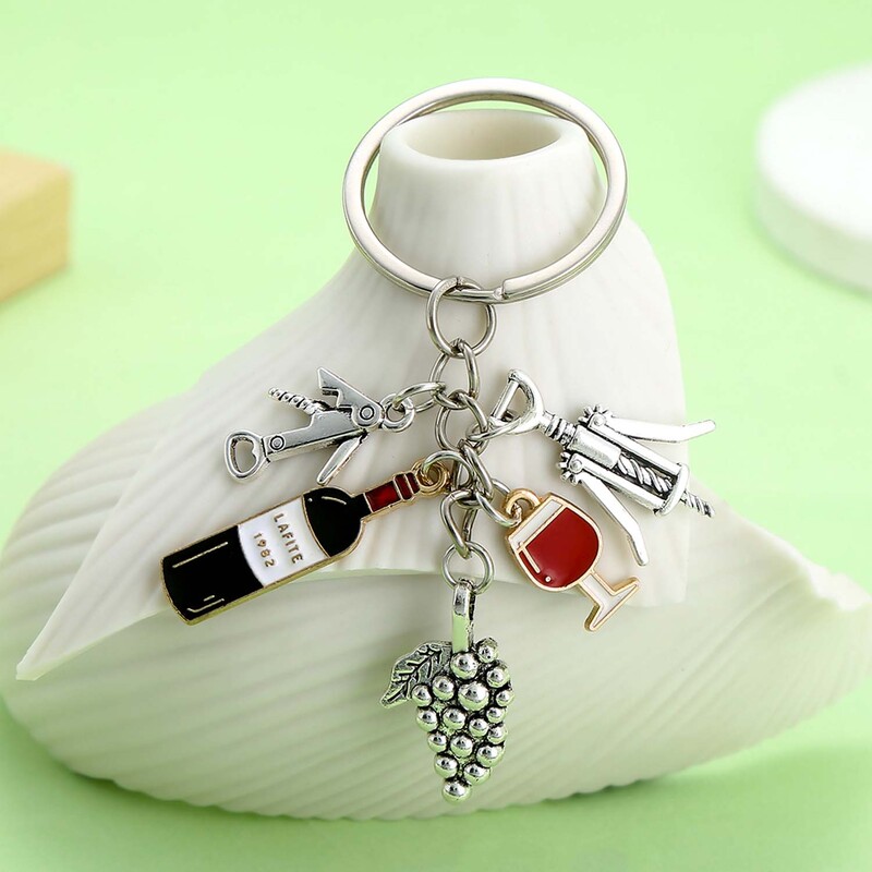 1 vnt. Madingas raudonojo vyno raktų pakabukas, lydinio vyno taurės, vynuogės, butelių atidarytuvo raktų pakabukas automobilio raktams, kuprinės, piniginės
