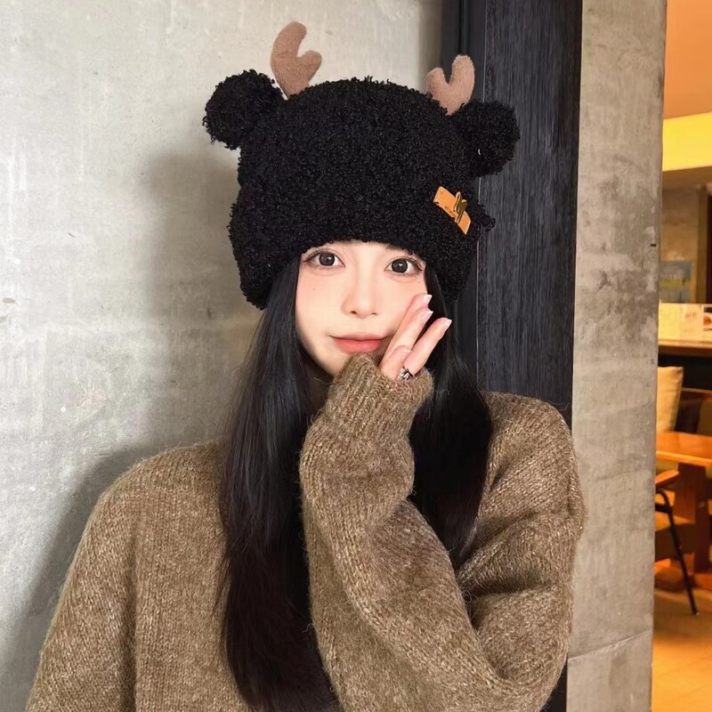 Pălărie drăguță cu urechi de căprioară pentru femei toamna și iarna, pluș de student japonez, îngroșat, protecție caldă pentru urechi, glugă mică care arată fața