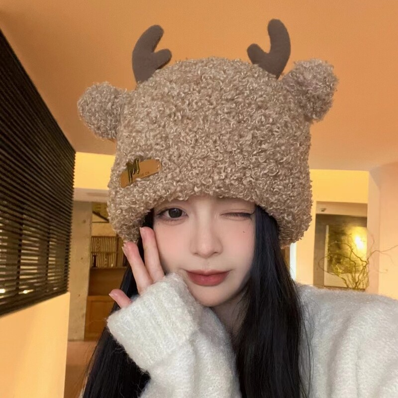 Pălărie drăguță cu urechi de căprioară pentru femei toamna și iarna, pluș de student japonez, îngroșat, protecție caldă pentru urechi, glugă mică care arată fața