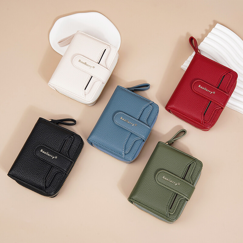 Portofel de damă marca Baellerry, poșetă la modă, simplă, scurtă, cu fermoar, cu monede, din piele PU, cu cataramă, suport pentru carduri, portofele mici pentru femei
