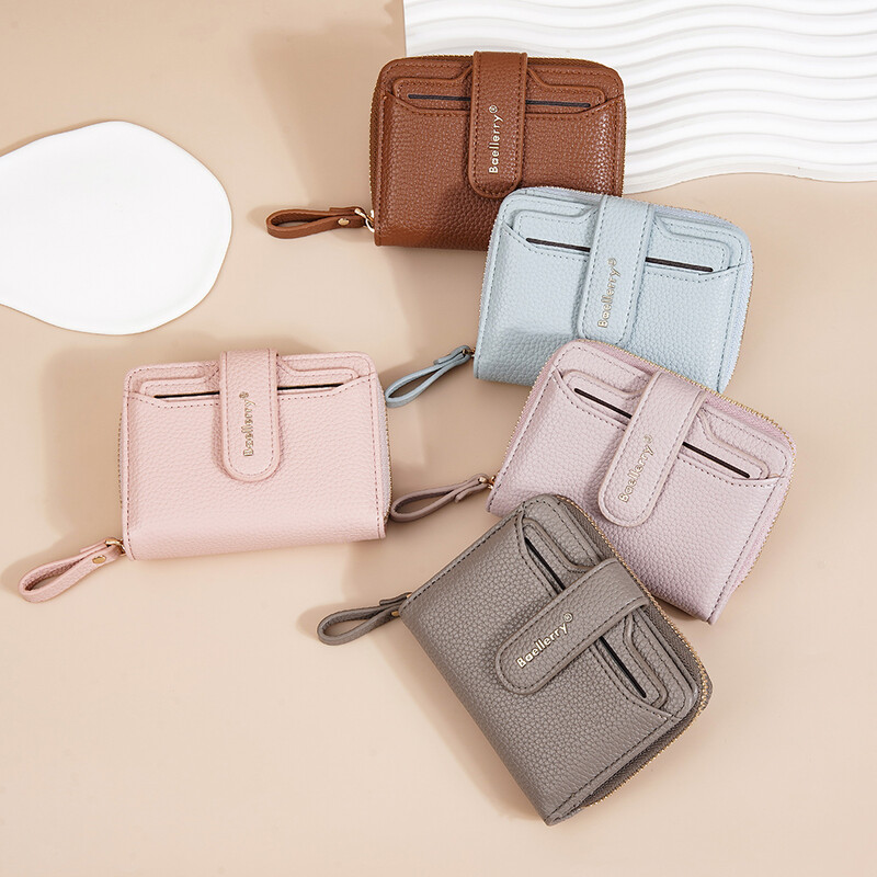 Portofel de damă marca Baellerry, poșetă la modă, simplă, scurtă, cu fermoar, cu monede, din piele PU, cu cataramă, suport pentru carduri, portofele mici pentru femei