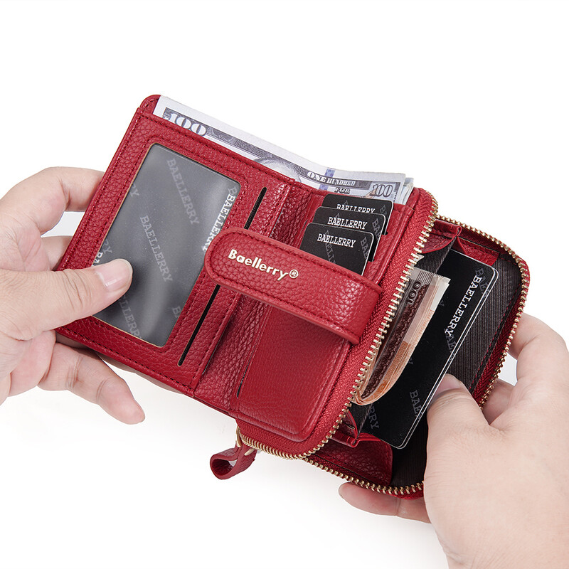 Portofel de damă marca Baellerry, poșetă la modă, simplă, scurtă, cu fermoar, cu monede, din piele PU, cu cataramă, suport pentru carduri, portofele mici pentru femei