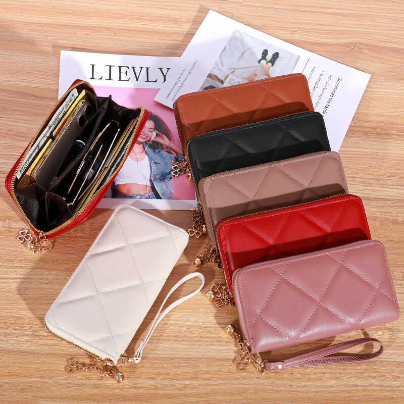 Portofel lung pentru femei cu ciucuri, portofel, suport pentru cărți de vizită, fermoar dublu, clutch din piele PU, portofel de lux și geantă pentru telefon