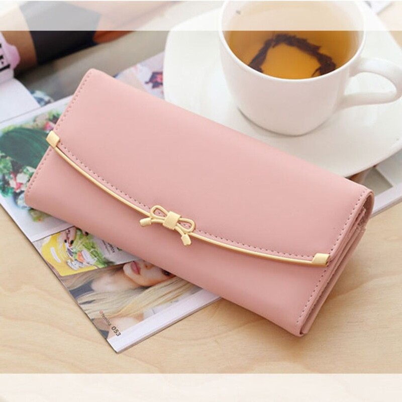 Poșete de monede din piele PU, de lux, de culoare solidă, cu fundă, pentru cărți, portofel lung de capacitate mare pentru doamne