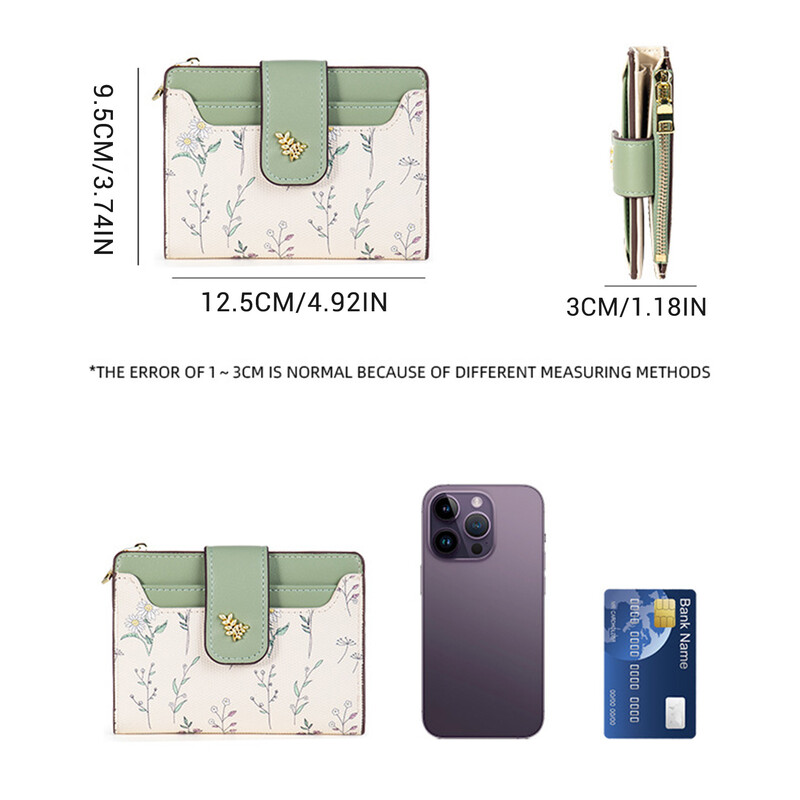 Sieviešu maki PU ādas sieviešu monētu maciņš ar ziedu apdrukātu vairāku kartīšu turētājs Sieviešu īss, plāns maka rāvējslēdzējs