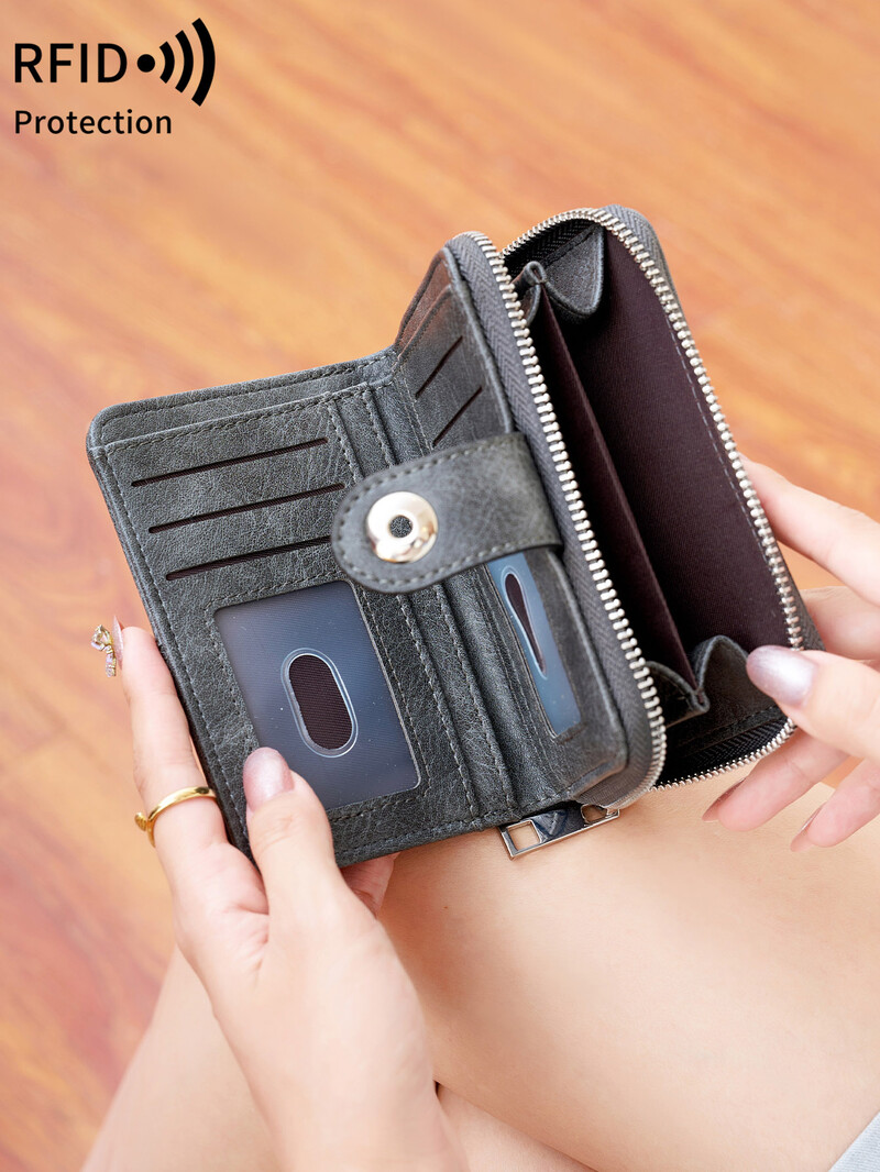 Portofel nou pentru femei, retro, cu trei orificii, RFID, portofel scurt, la modă, cataramă de capacitate mare, fermoar, monedă, posetă pentru monede, suport pentru carduri