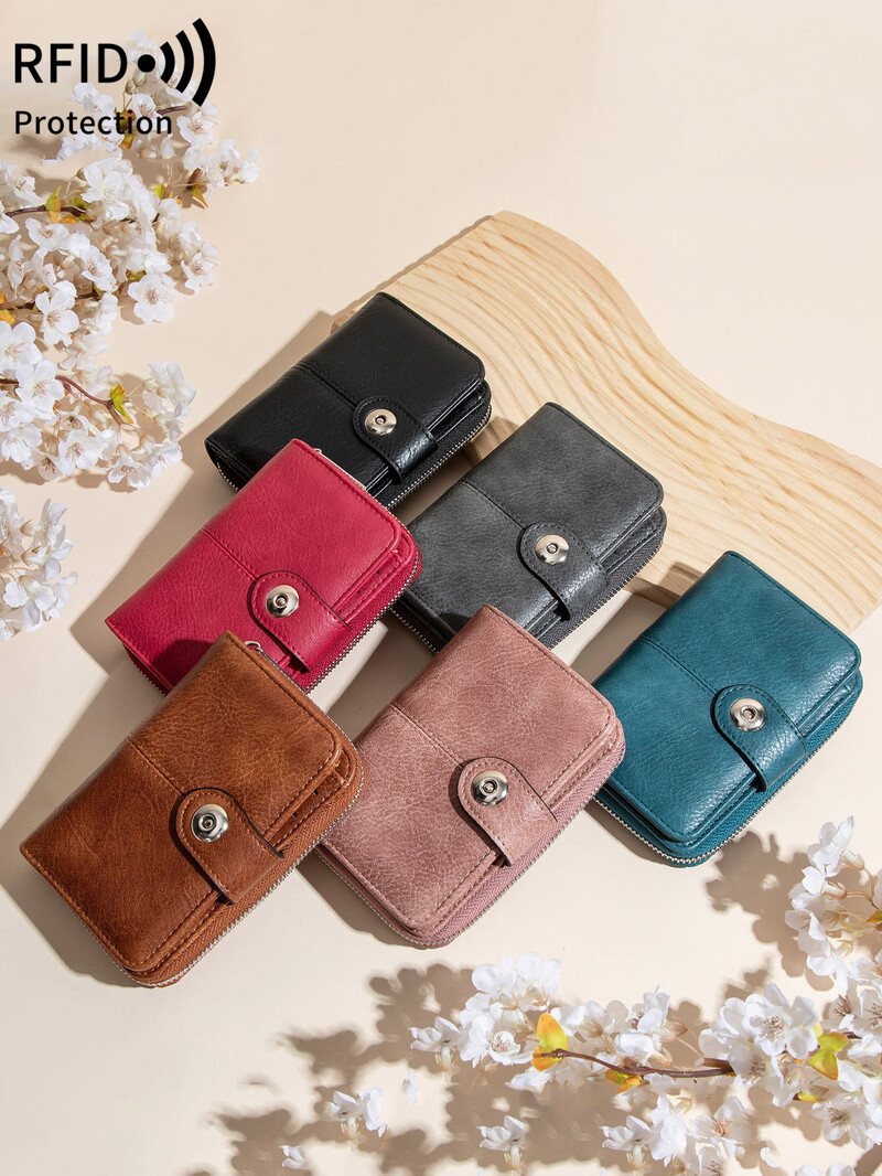 Portofel nou pentru femei, retro, cu trei orificii, RFID, portofel scurt, la modă, cataramă de capacitate mare, fermoar, monedă, posetă pentru monede, suport pentru carduri