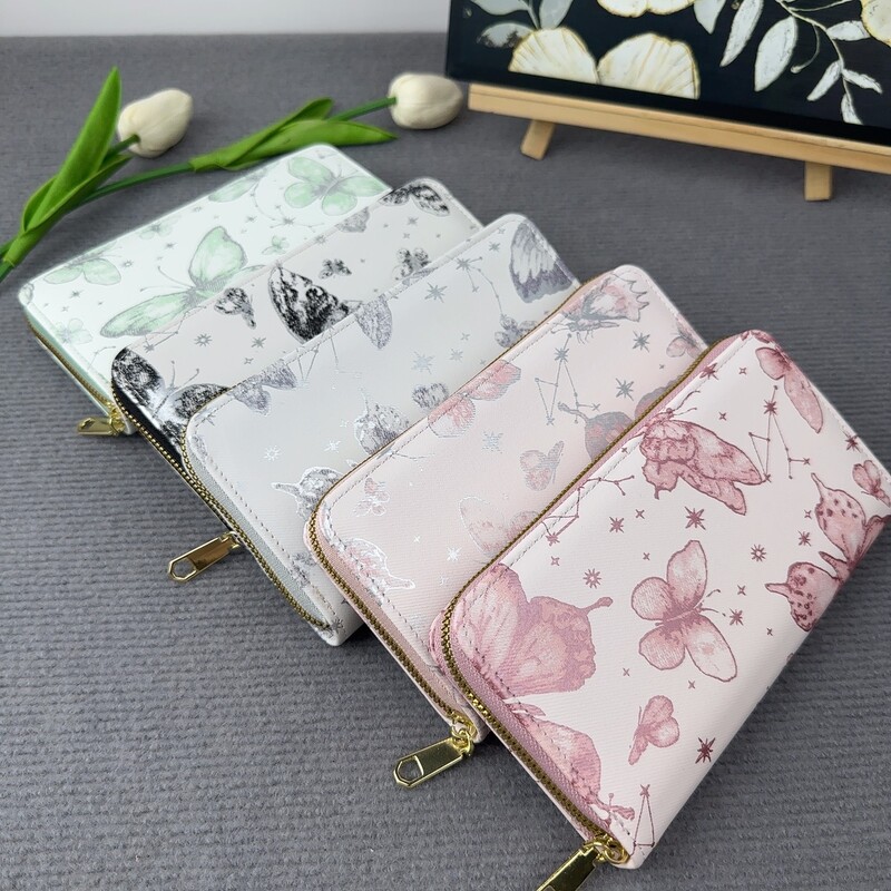 Sieviešu maciņš ar rāvējslēdzēju, jauns ķīniešu tauriņu apdruka, korejiešu modes lielas ietilpības karšu monētu uzglabāšanas soma ar rāvējslēdzēju