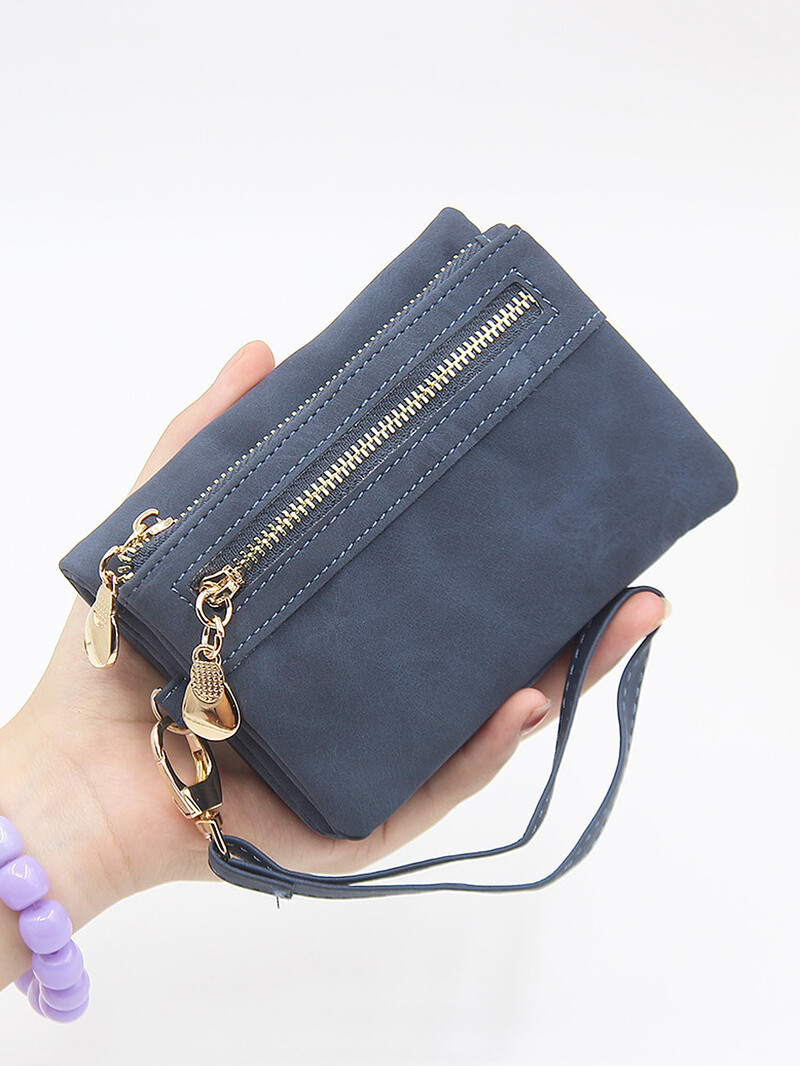 Portofel scurt din piele PU cu pliere dublă retro, cu buzunar pentru monede cu fermoar, sloturi multiple pentru carduri și clemă de card portabilă obișnuită.