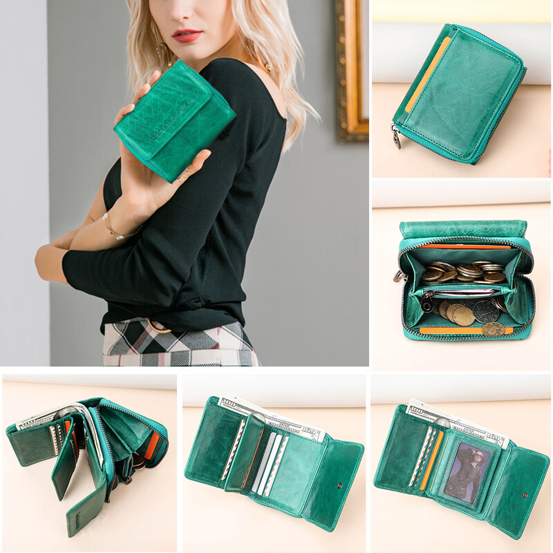 CONTACT'S Portofele scurte din piele naturală pentru femei, de designer de lux, cu fermoar, portmoneu, suport pentru card RFID, agrafă pentru bani, portofele pentru femei