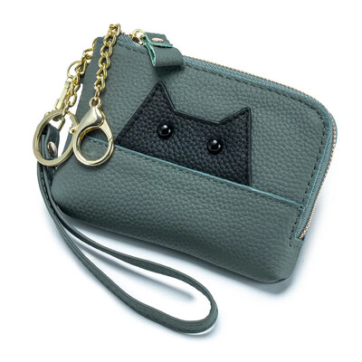 Poșetă subțire din piele naturală drăguță cu monede și clemă pentru card Portofel mic cu breloc fermoar multifuncțional în jurul portofelului de schimbare