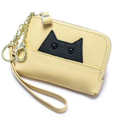 Poșetă subțire din piele naturală drăguță cu monede și clemă pentru card Portofel mic cu breloc fermoar multifuncțional în jurul portofelului de schimbare