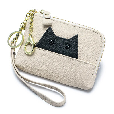 Poșetă subțire din piele naturală drăguță cu monede și clemă pentru card Portofel mic cu breloc fermoar multifuncțional în jurul portofelului de schimbare