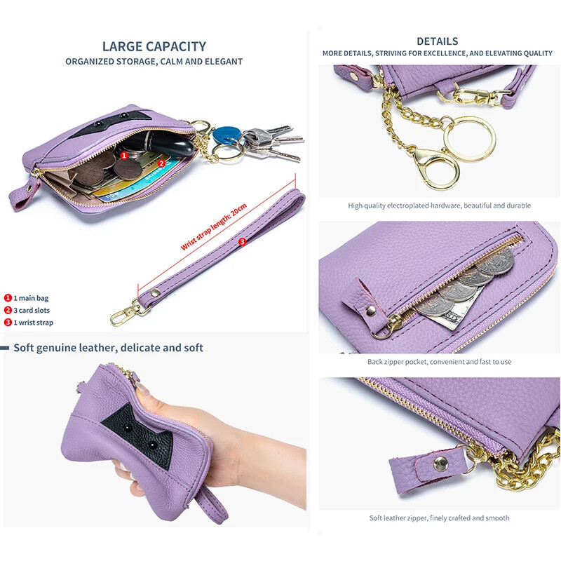 Poșetă subțire din piele naturală drăguță cu monede și clemă pentru card Portofel mic cu breloc fermoar multifuncțional în jurul portofelului de schimbare