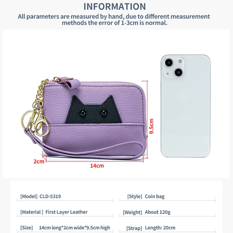 Poșetă subțire din piele naturală drăguță cu monede și clemă pentru card Portofel mic cu breloc fermoar multifuncțional în jurul portofelului de schimbare