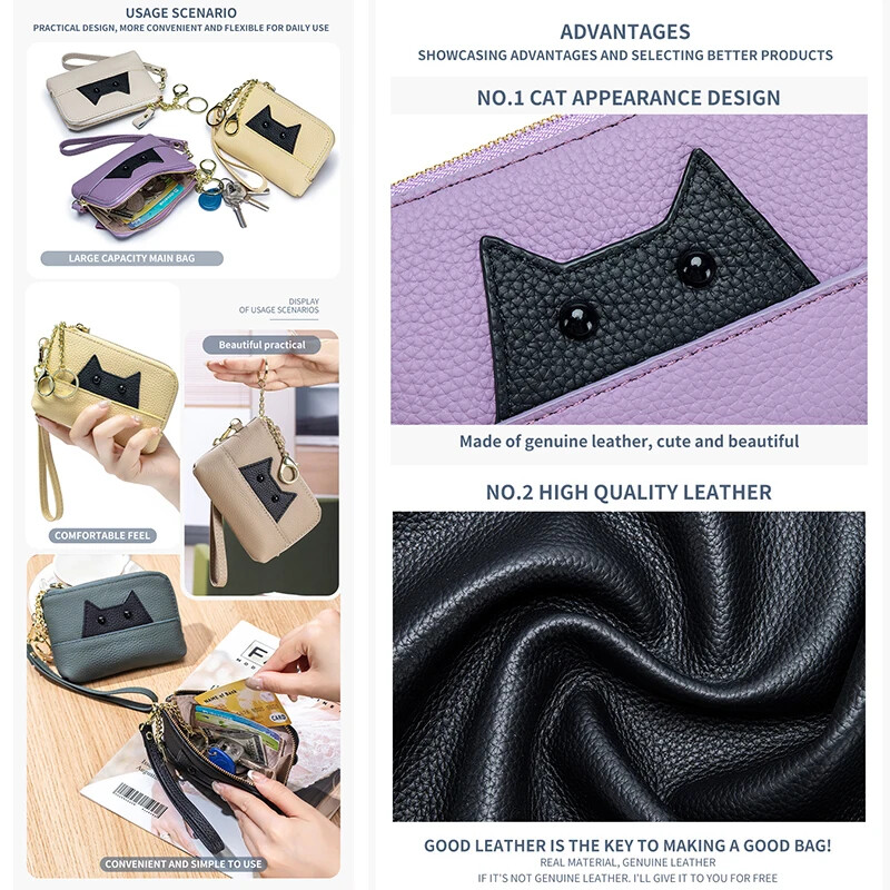 Poșetă subțire din piele naturală drăguță cu monede și clemă pentru card Portofel mic cu breloc fermoar multifuncțional în jurul portofelului de schimbare