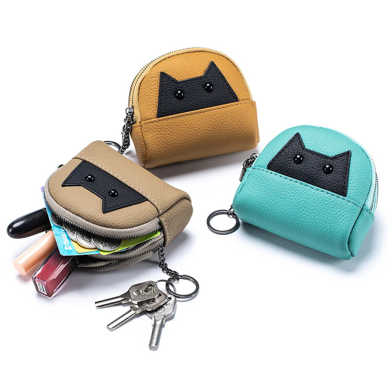 Portofel mic din piele naturală Poșetă nouă pentru monede pentru femei, de capacitate mare, cu fermoar dublu, geantă de depozitare pentru femei, drăguță, cu desene animate