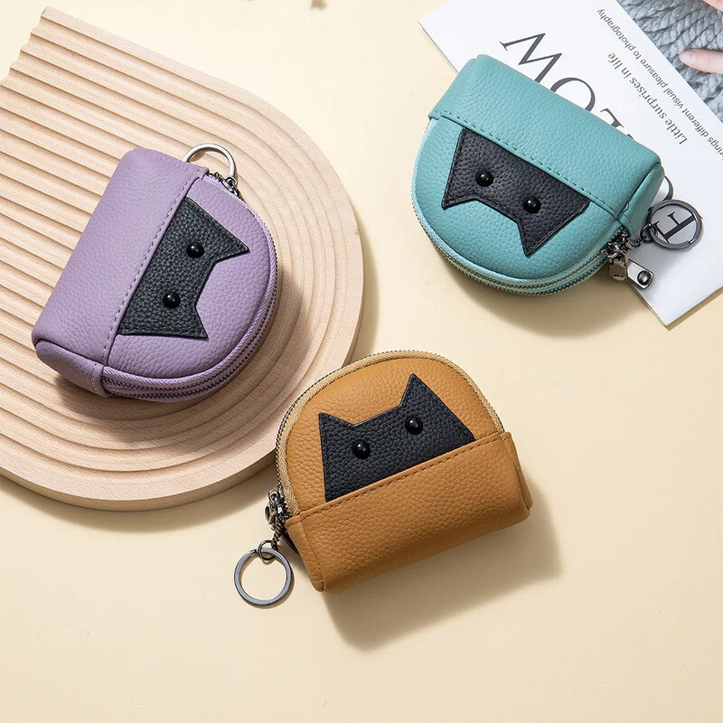 Portofel mic din piele naturală Poșetă nouă pentru monede pentru femei, de capacitate mare, cu fermoar dublu, geantă de depozitare pentru femei, drăguță, cu desene animate