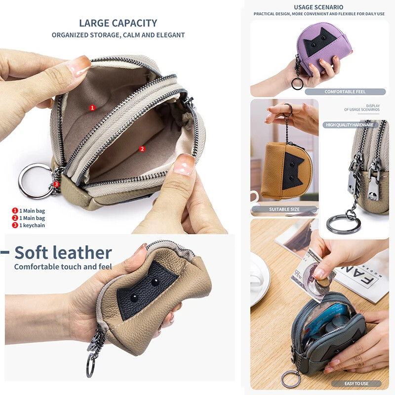 Portofel mic din piele naturală Poșetă nouă pentru monede pentru femei, de capacitate mare, cu fermoar dublu, geantă de depozitare pentru femei, drăguță, cu desene animate