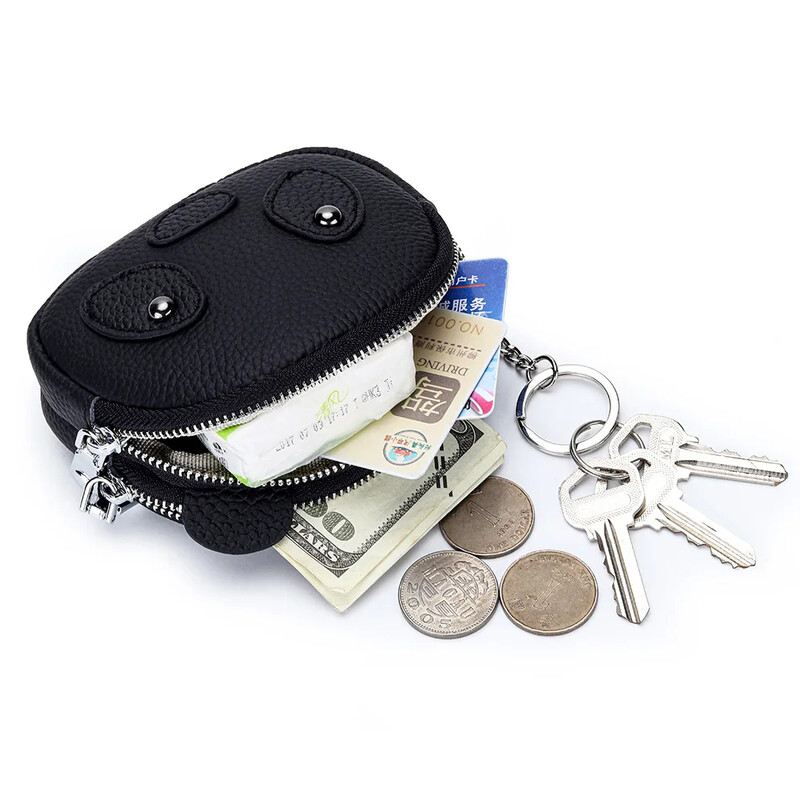 Poșetă pentru monede noi, din piele naturală, cu fermoar dublu, cu breloc, mini geantă de pochet, drăguță, cu panda