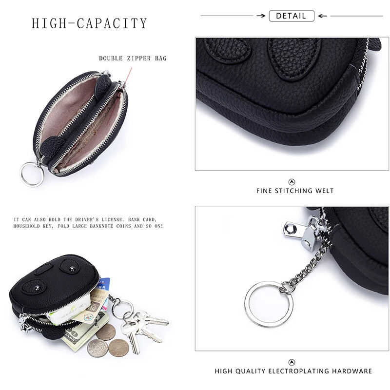 Poșetă pentru monede noi, din piele naturală, cu fermoar dublu, cu breloc, mini geantă de pochet, drăguță, cu panda