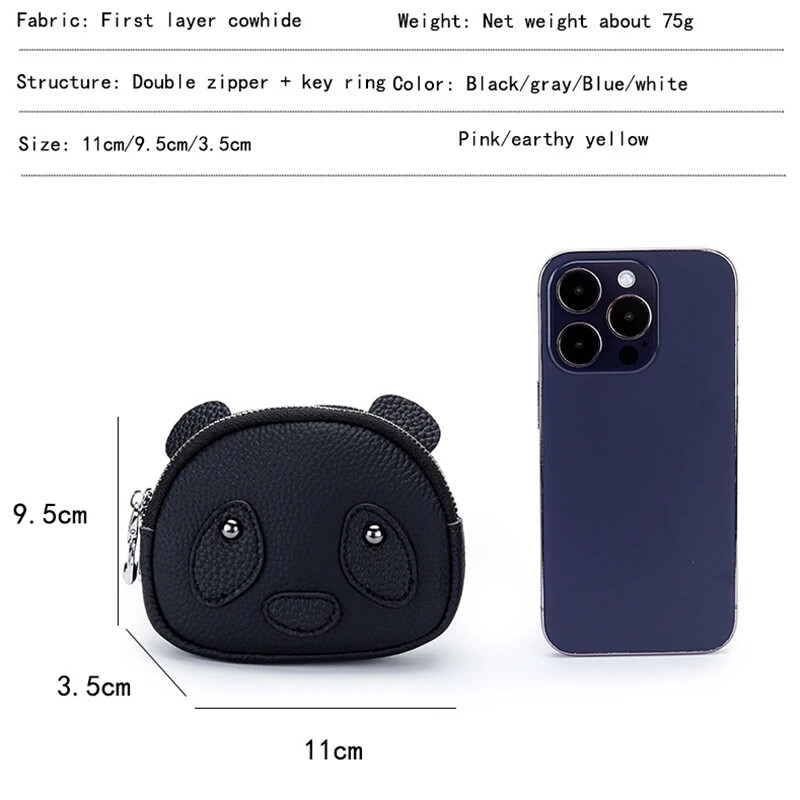 Poșetă pentru monede noi, din piele naturală, cu fermoar dublu, cu breloc, mini geantă de pochet, drăguță, cu panda