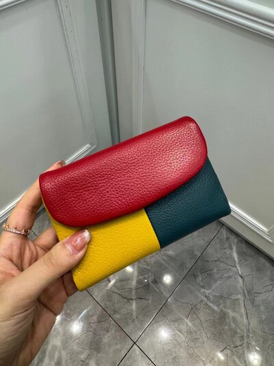 Torbica za novčiće, mekana, prava goveđa koža, trostruko presavijeni kratki mali novčanik, ženski patchwork držač kartice s magnetnim gumbima, organizator, novčanici