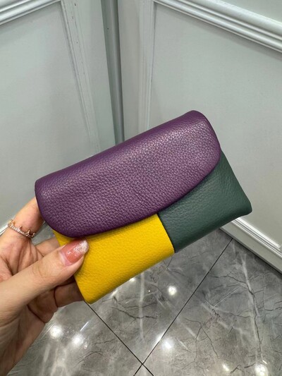 Torbica za novčiće, mekana, prava goveđa koža, trostruko presavijeni kratki mali novčanik, ženski patchwork držač kartice s magnetnim gumbima, organizator, novčanici