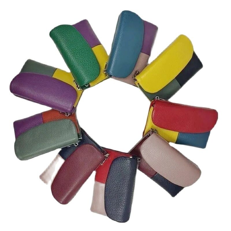Torbica za novčiće, mekana, prava goveđa koža, trostruko presavijeni kratki mali novčanik, ženski patchwork držač kartice s magnetnim gumbima, organizator, novčanici