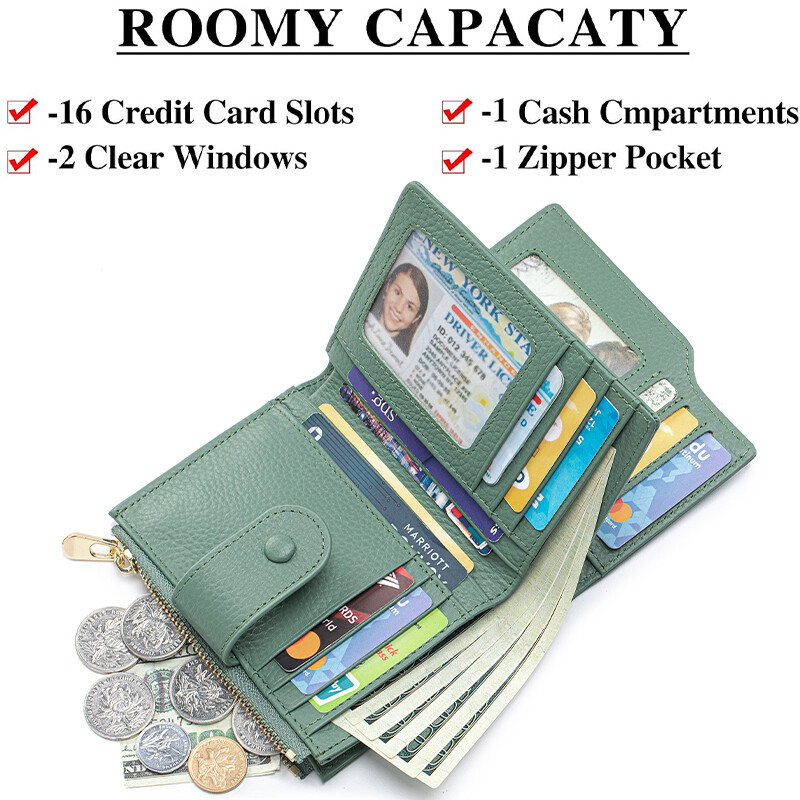 Suport de card compact pentru femei, cu blocare RFID, din piele naturală, cu 2 ferestre de identitate