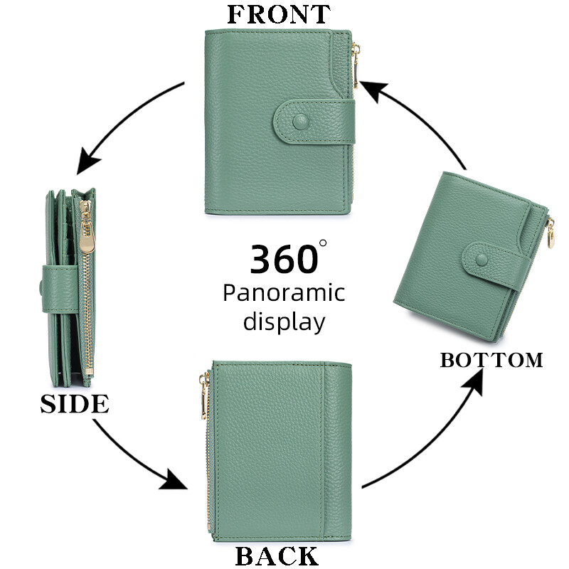 Suport de card compact pentru femei, cu blocare RFID, din piele naturală, cu 2 ferestre de identitate