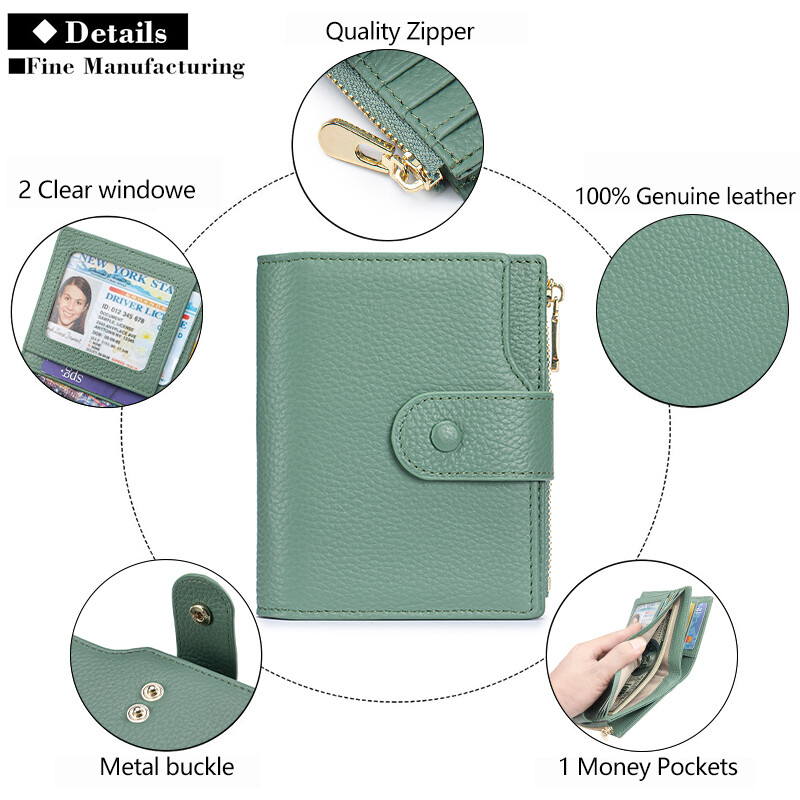 Suport de card compact pentru femei, cu blocare RFID, din piele naturală, cu 2 ferestre de identitate