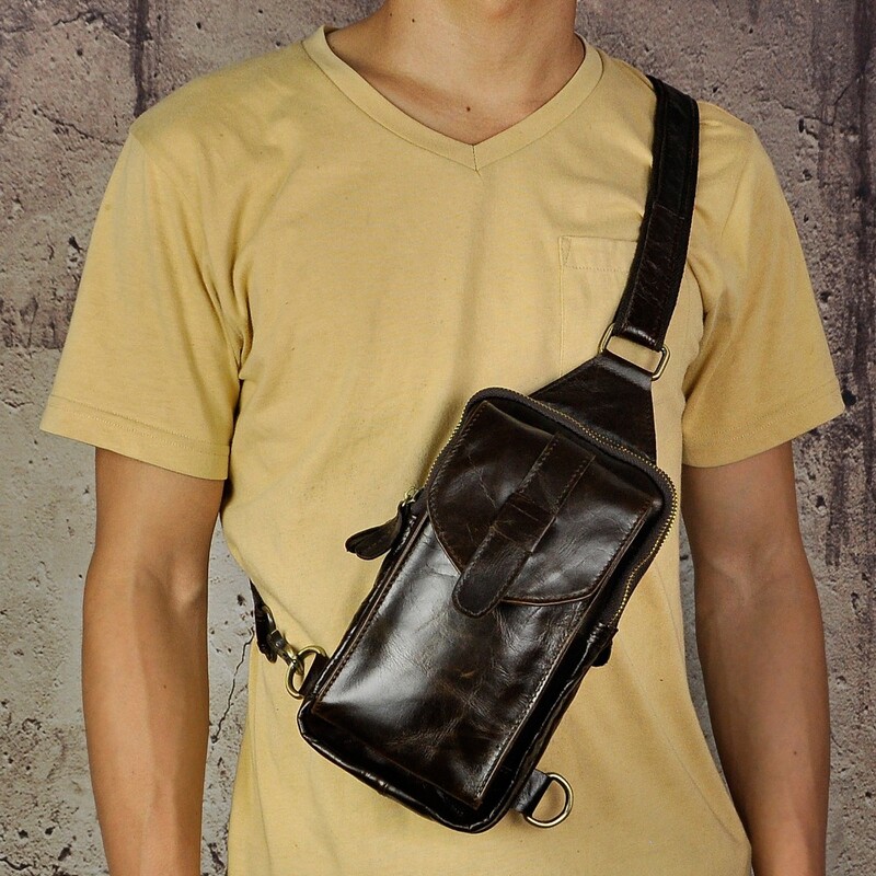 Geantă de lux pentru bărbați din piele de cal nebun, vintage, cu talie triunghiulară, pentru piept, cu design de călătorie, geantă de tip crossbody, rucsac de zi XB571