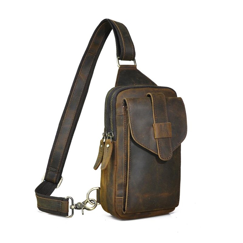 Geantă de lux pentru bărbați din piele de cal nebun, vintage, cu talie triunghiulară, pentru piept, cu design de călătorie, geantă de tip crossbody, rucsac de zi XB571