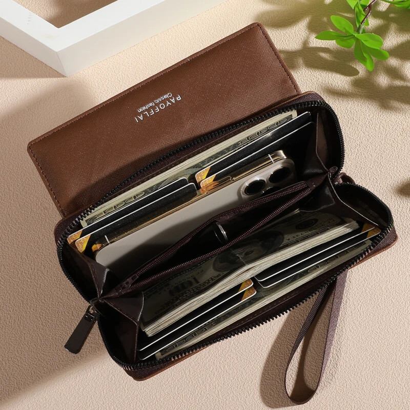 1 бр класически мъжки портфейл от изкуствена кожа, двуслоен с щракване, държач за карти с цип и отделение за снимки, блокиране на цветовете