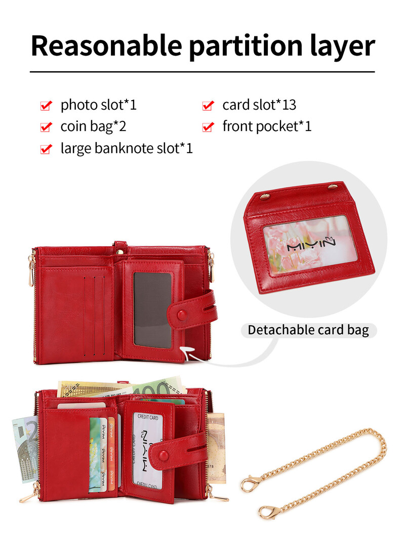 Portofel nou pentru femei, de înaltă calitate, din piele PU, scaun scurt pentru card, cu lanț, capacitate mare, portofel zero, cu trei straturi, portofel retro pentru femei