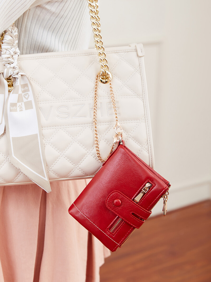 Portofel nou pentru femei, de înaltă calitate, din piele PU, scaun scurt pentru card, cu lanț, capacitate mare, portofel zero, cu trei straturi, portofel retro pentru femei