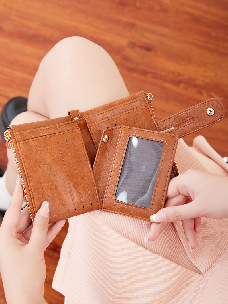 Portofel nou pentru femei, de înaltă calitate, din piele PU, scaun scurt pentru card, cu lanț, capacitate mare, portofel zero, cu trei straturi, portofel retro pentru femei