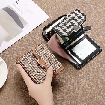 Слот за няколко карти Чанта за карти 2 в 1 PU кожа Корейски стил Houndstooth Къс портфейл Чанта за съединител Джоб за карти Портмоне за монети с цип