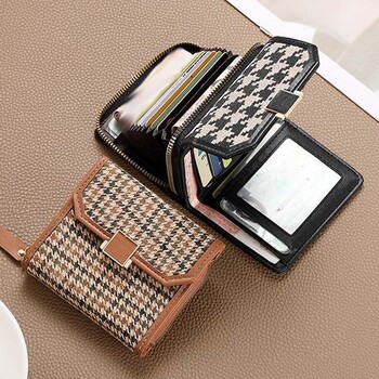 Слот за няколко карти Чанта за карти 2 в 1 PU кожа Корейски стил Houndstooth Къс портфейл Чанта за съединител Джоб за карти Портмоне за монети с цип