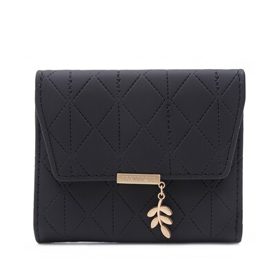 Toamnă și iarnă portofel scurt pentru femei Japonia și Coreea de Sud, mic, proaspăt, din PU, simplu, pliabil, pandantiv cu frunze de trei ori