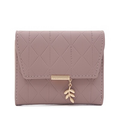 Toamnă și iarnă portofel scurt pentru femei Japonia și Coreea de Sud, mic, proaspăt, din PU, simplu, pliabil, pandantiv cu frunze de trei ori