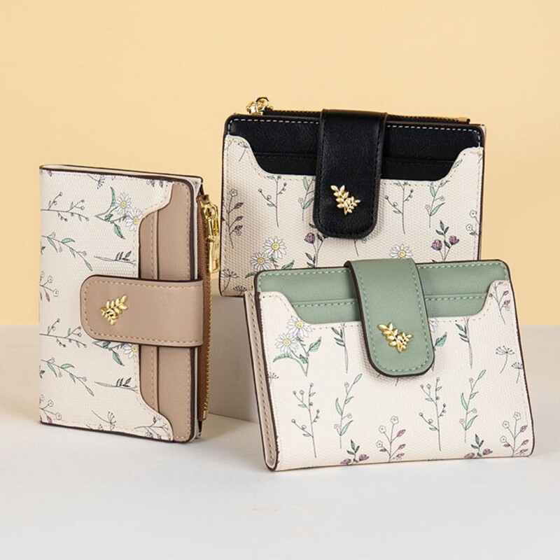 Portofel scurt din piele PU, subțire, INS, cu mai multe cărți, fermoar, portmoneu, flori mici, geantă pentru carduri, portofel, fermoar, fermoar, pentru femei, fete