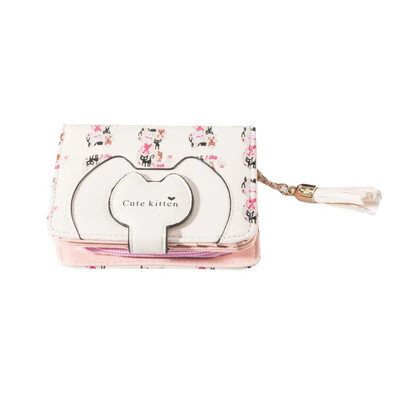 Portofel drăguț de pisică pentru femei, cu fermoar mic pentru fete, proiectat de marcă, portmoneu din piele PU Suport pentru carduri pentru femei