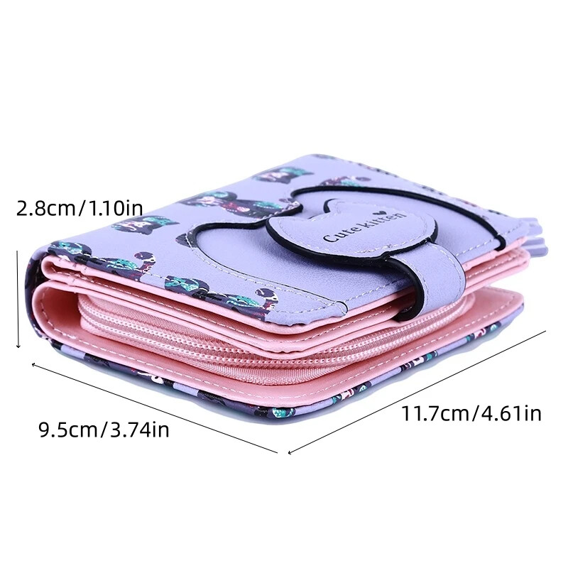 Portofel drăguț de pisică pentru femei, cu fermoar mic pentru fete, proiectat de marcă, portmoneu din piele PU Suport pentru carduri pentru femei