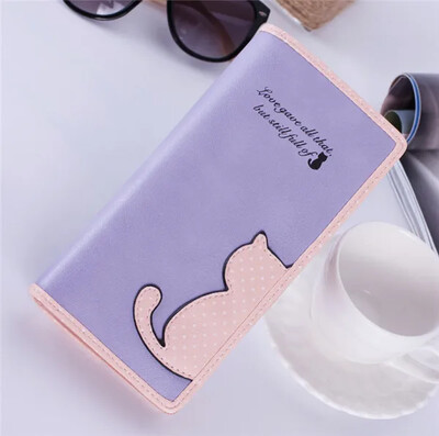 Jauna monētu somiņa Kaķu dizainers Ādas garie maki Sieviešu Korejas modes zīmols Sieviešu rāvējslēdzēja maki Jauki rokassomiņa Sajūgs Para Mujer