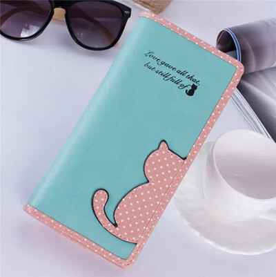 Jauna monētu somiņa Kaķu dizainers Ādas garie maki Sieviešu Korejas modes zīmols Sieviešu rāvējslēdzēja maki Jauki rokassomiņa Sajūgs Para Mujer