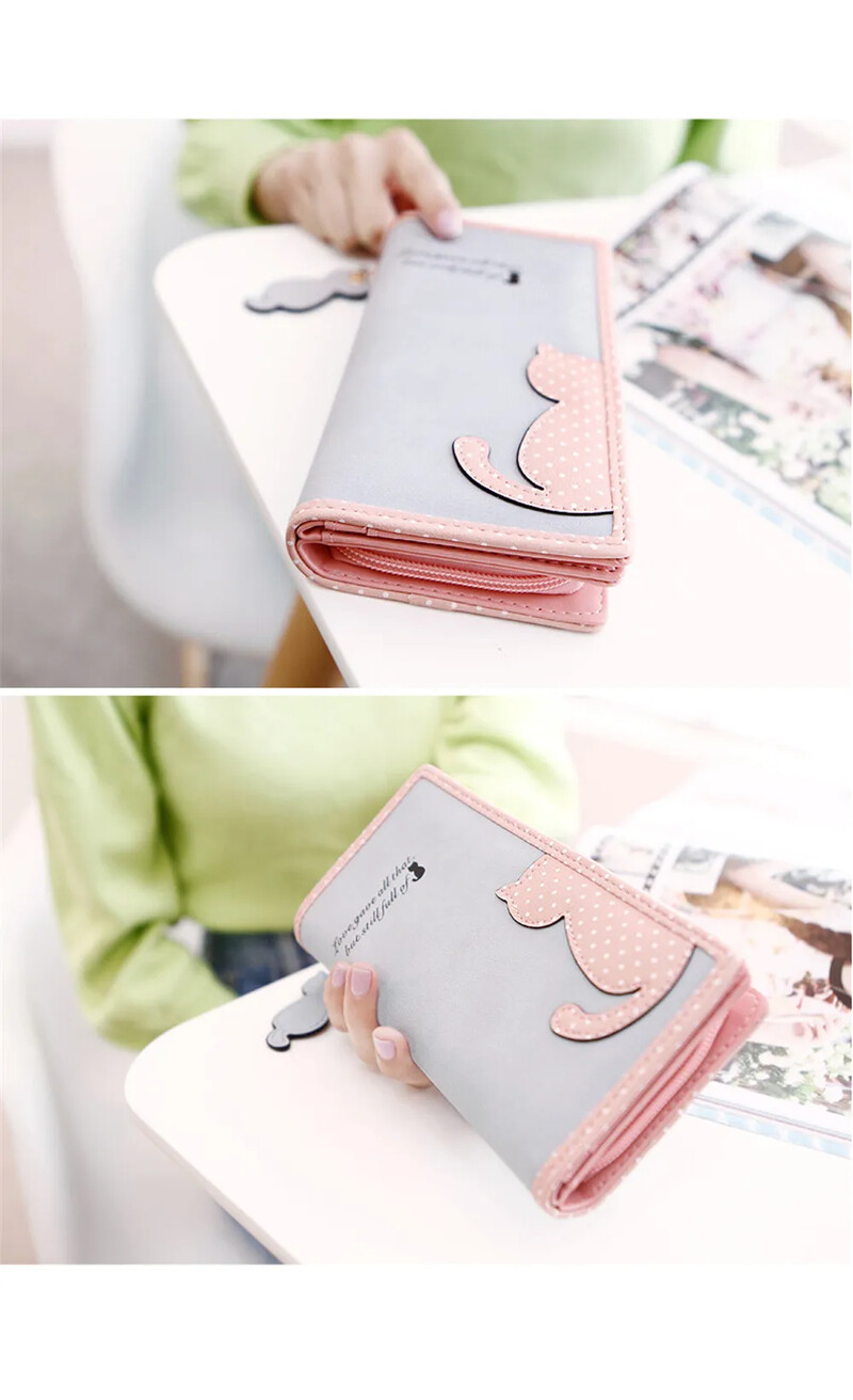 Jauna monētu somiņa Kaķu dizainers Ādas garie maki Sieviešu Korejas modes zīmols Sieviešu rāvējslēdzēja maki Jauki rokassomiņa Sajūgs Para Mujer