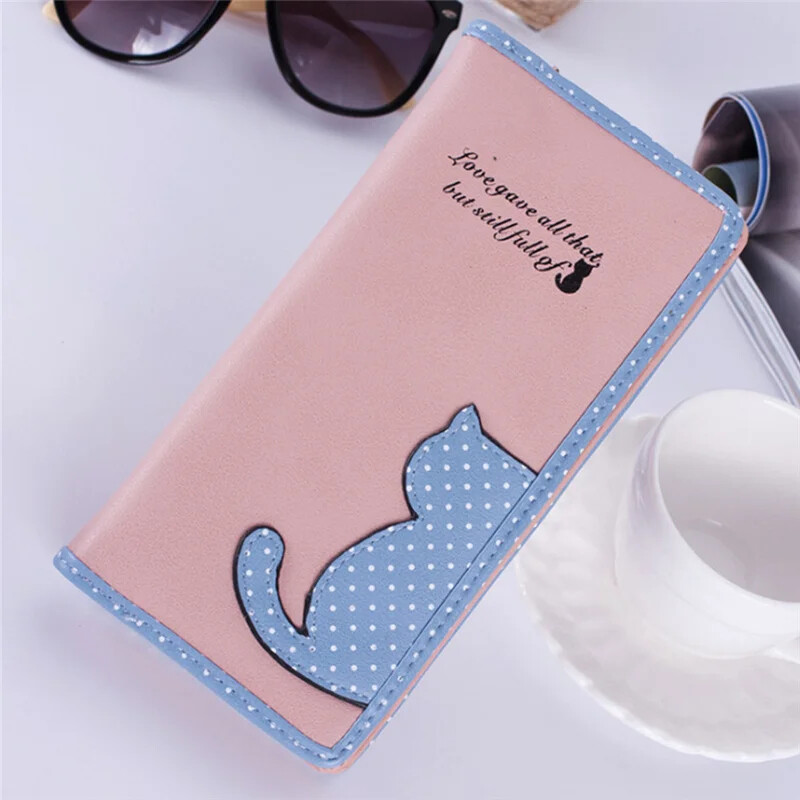 Jauna monētu somiņa Kaķu dizainers Ādas garie maki Sieviešu Korejas modes zīmols Sieviešu rāvējslēdzēja maki Jauki rokassomiņa Sajūgs Para Mujer